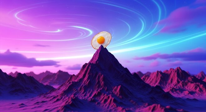 A single fried egg rests atop a jagged mountain range of purple sands under a surreal neon sky filled with glowing violet and blue light, abstract, terrain, digital art