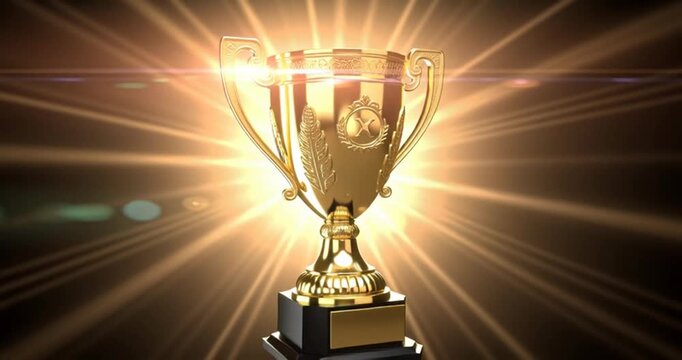 Golden Trophy With Radiant Rays and Sparkle Effects, Cinematic Motion Graphics Loop, Representing Achievement, Victory, Success, and Excellence