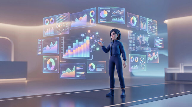 Futuristic office scene with virtual presenter analyzing data on glowing analytics dashboards
