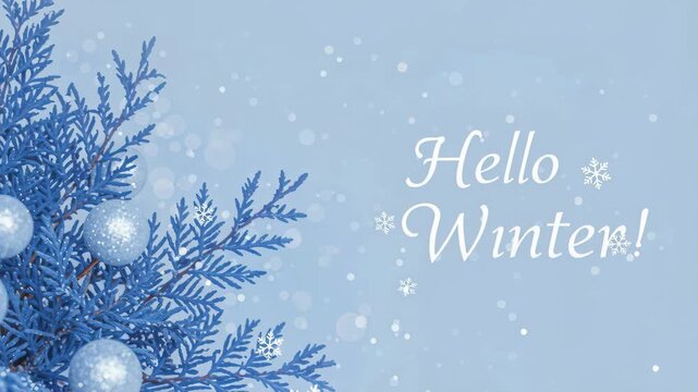 Winter's Embrace: A frosted evergreen branch adorned with shimmering ornaments welcomes the season, with delicate snowflakes dancing in the cool, blue ambiance.