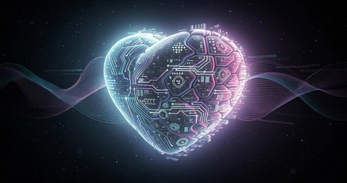 A vibrant, glowing heart made of circuits and technology, symbolizing digital love, artificial intelligence, and the future of connection