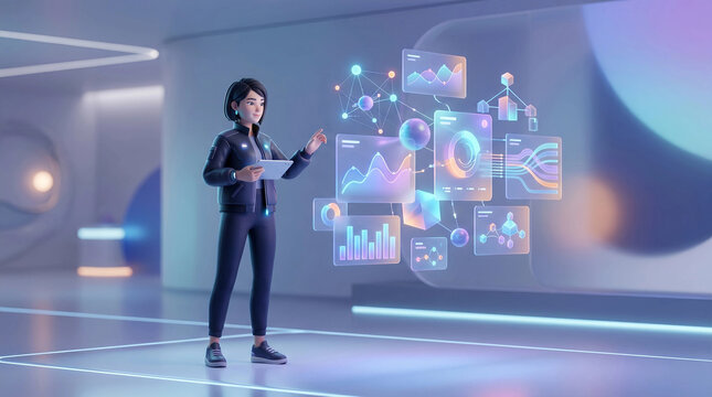 Futuristic female avatar analyzing data dashboards with holographic charts in digital lab