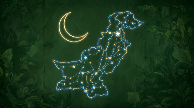 Pakistan map outlined with glowing star constellation on dark green background