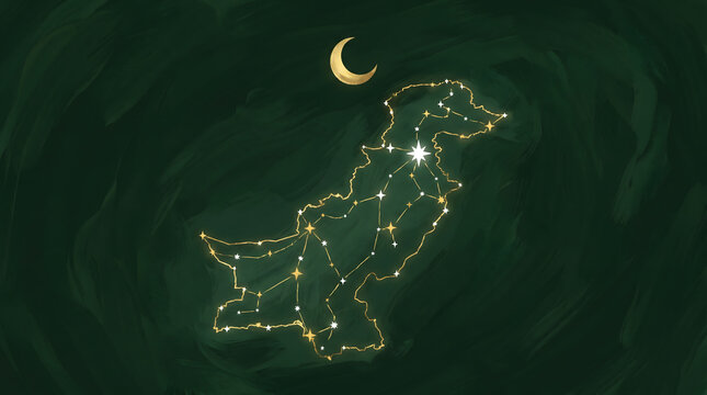 Pakistan map glowing constellation with crescent moon on dark teal background