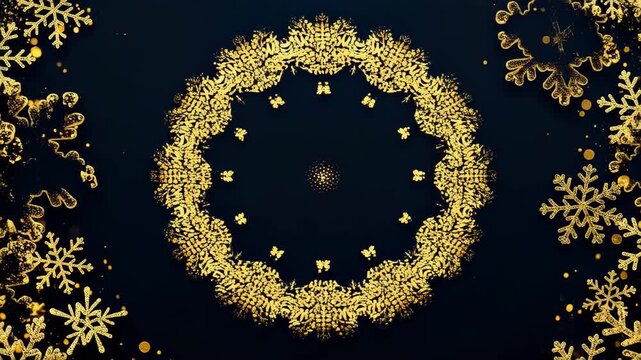 Golden Snowflake Mandala: An intricate, shimmering golden mandala formed from stylized snowflakes and particles, set against a dark, deep blue background, evokes a magical winter wonderland.