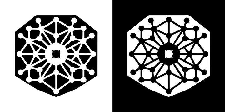 Abstract geometric symmetrical pattern with connecting dots and lines, resembling a stylized snowflake or crystal, presented in both positive and negative formats on white and black backgrounds