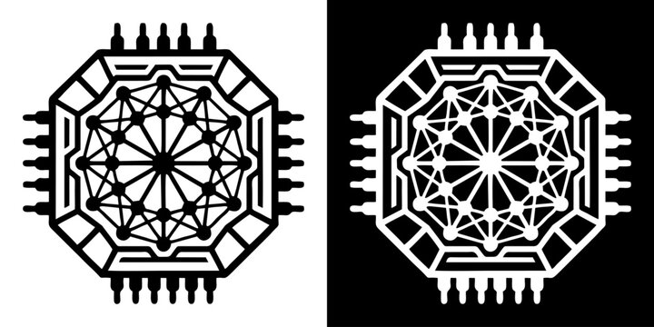 Abstract vector icon of a modern microchip design with a complex central network, symbolizing advanced artificial intelligence, data processing, and future digital technology concepts