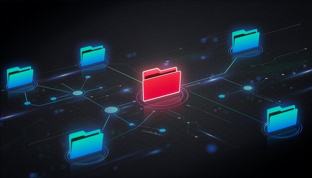 Digital network of glowing folders interconnected in a dark, futuristic cyberspace, with a central red folder highlighted, suggesting data security and network connectivity.