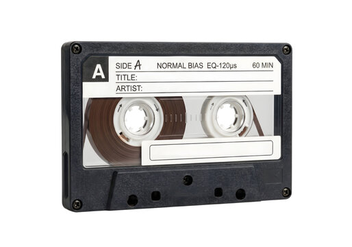 black cassette tape with white label png on transparent background