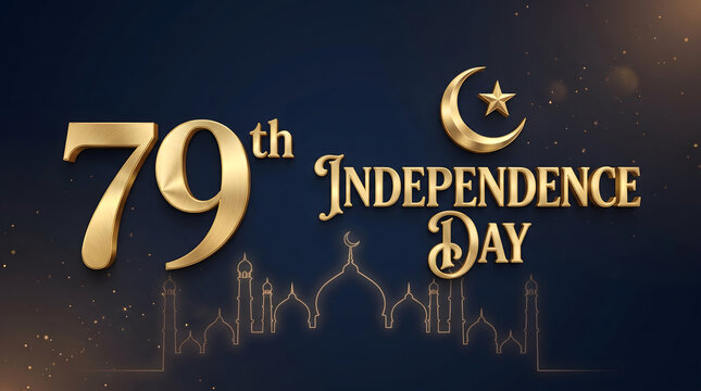 79th independence day gold 3d text with crescent moon on dark blue background