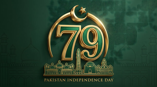 Pakistan 79th independence day bold golden 3d number with crescent arch and landmark skyline