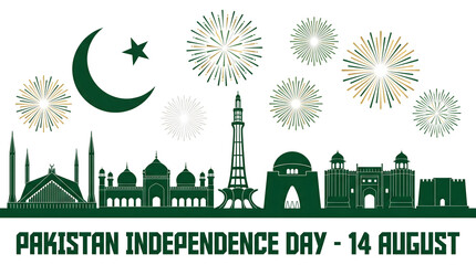 Obraz premium Pakistan independence day banner with skyline monument and firework celebration