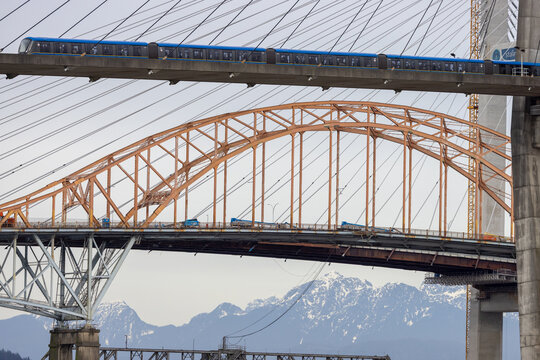 Pattullo Bridge Deconstruction with SkyTrain and Traffic Over New Westminster, Vancouver BC Canada