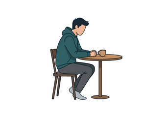 Fototapeta premium man sitting at table with coffee cup green and grey png on transparent background