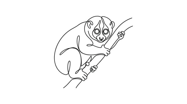 One Line Drawing of a Slow Loris Monkey on a Tree Branch