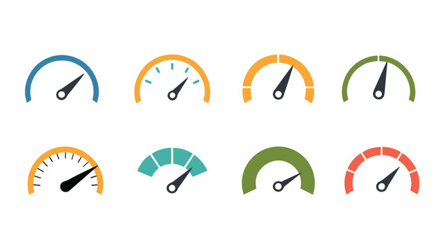 Speedometer gauge collection vector, dashboard meter icons illustration, performance indicator design, colorful measurement dial interface elements artwork
