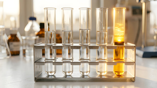 Inspiring realistic photo of a test tube rack where the final tube emits a glowing miniature golden sunrise.