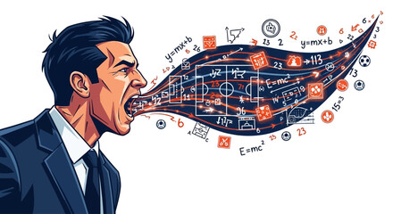 Businessman shouting, ideas and data flowing out of his mouth. © serra
