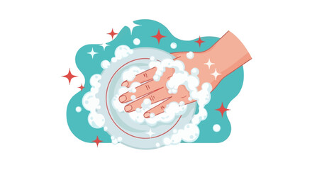 Naklejka premium Hand washing a clean dish with soap bubbles.