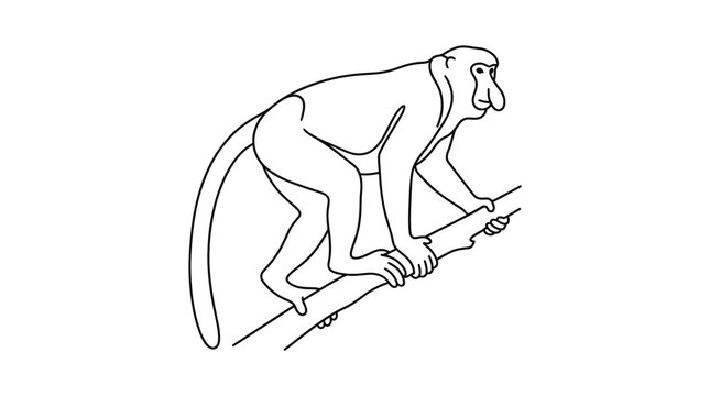 Monkey Climbing Tree Branch, Line Art Illustration