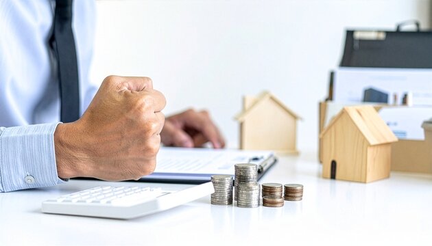A man's triumphant fist pump over a desk laden with coins, calculator, and miniature house models, signifying financial success and property investment.