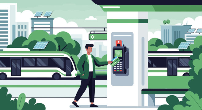 Man paying for ticket at bus stop in eco-friendly city using green energy transportation
