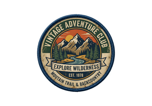 Vintage adventure club patch with mountains and river in green, orange, and blue colors png on transparent background