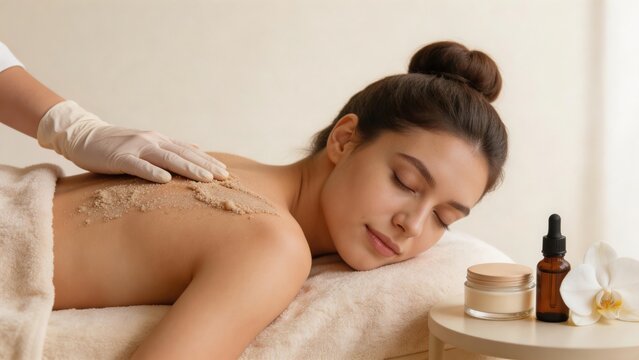 Woman receiving back massage with exfoliating scrub
