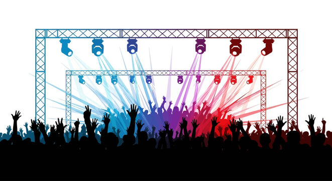 Crowd cheering with hands up at a vibrant concert with stage lights