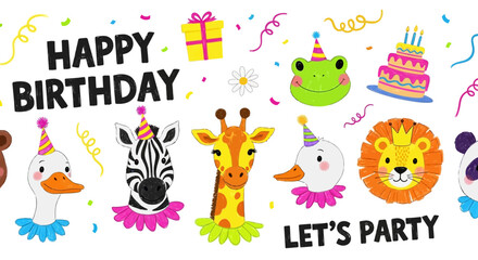 Naklejka premium cute animals birthday party seamless pattern with happy cartoon animal celebration for childrens greeting cards and invitations