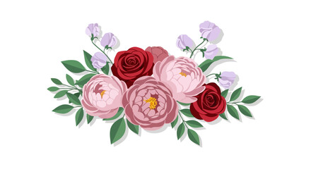 Fototapeta premium elegant vector floral arrangement featuring vibrant red roses soft pink peonies and sweet pea flowers perfect for wedding invitations or romantic greeting cards.