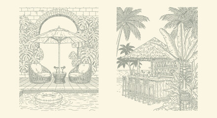 Obraz premium hand drawn line art tropical vacation scenes a serene poolside lounge and a lively beach tiki bar.