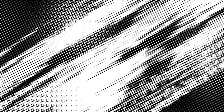 Abstract black and white grunge halftone background with dynamic diagonal brush strokes. Vector illustration