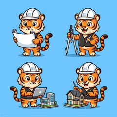Fototapeta premium Cute Cartoon Tiger Architect and Engineer Character Set