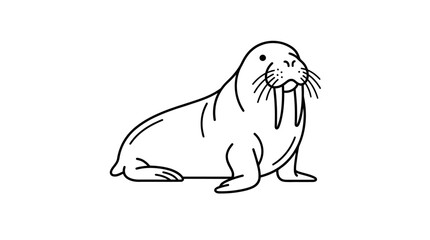 Cute Walrus Cartoon Illustration, Simple Line Art Drawing © Ucul