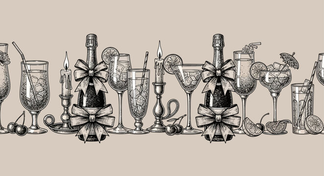 seamless border of party drinks and vintage illustration featuring champagne cocktails and festive candles on a light background.