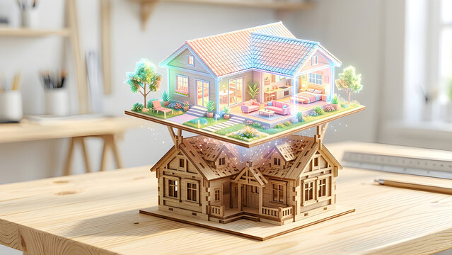 Macro realistic photo of a wooden architectural model emitting a glowing 3D hologram of a finished house.