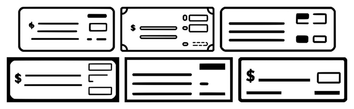 Payroll check icon set with solid black silhouette on white background featuring payroll, salary, check icon with finance and accounting