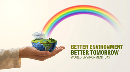Fototapeta premium Hand Holding Half Earth Globe With Rainbow Arc Symbolizing Hope for a Better Environmental Future on World Environment Day Campaign