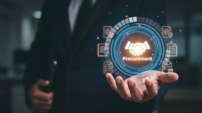 Business Professional Displaying Procurement Digital Interface with Handshake and Document Icons