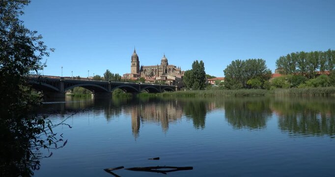 The impressive silhouette of Salamanca in Spain, right on the banks of the Tormes River