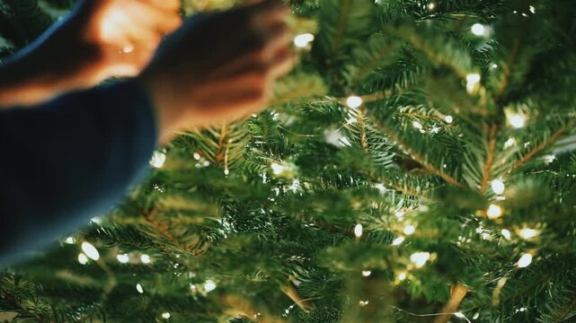 Christmas Tree Decorations.hands adorn a Christmas tree with Warm White String Lights garlands in a dark room.Christmas Lights with Bokeh Effect. 4k footage