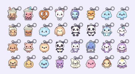 Obraz premium cute kawaii cartoon keychains illustration featuring adorable animal food and object characters for childrens merchandise and digital art projects