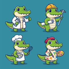Fototapeta premium Set of cute cartoon crocodiles in various professions