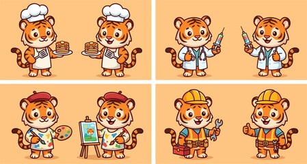 Fototapeta premium Cute Cartoon Tiger Mascot Set in Different Professions