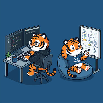 Cute Cartoon Tigers Working as Software Developers Illustration