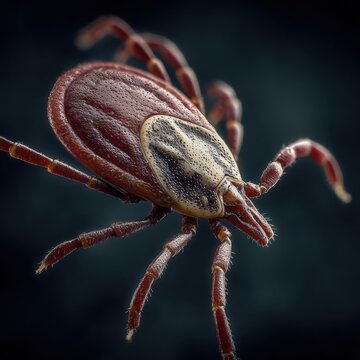 Detailed macro image of a reddish-brown tick with textured body and legs against a dark blurred background highlighting the insect?s intricate features and hairs