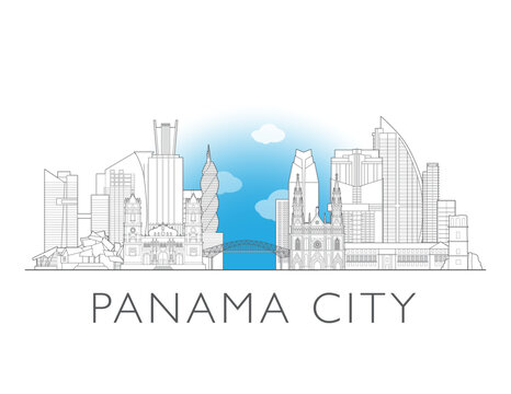 Panama City skyline, Panama. Urban cityscape with landmarks and monuments. Hand drawn line art digital skyline illustration.