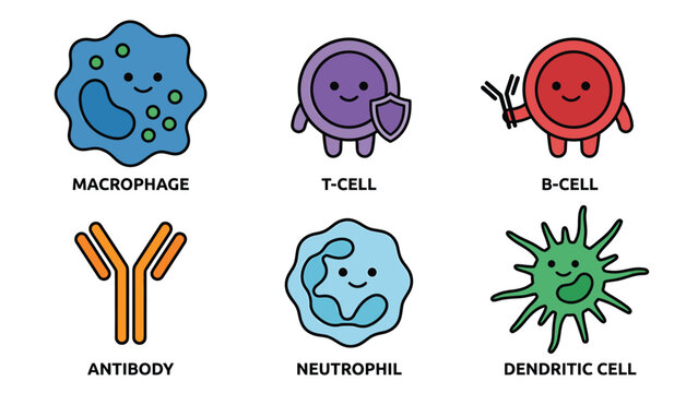 Cute cartoon immune system cells including macrophage, T-cell, B-cell, antibody, neutrophil, and dendritic cell illustrations.