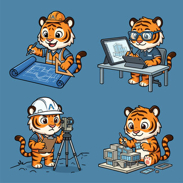 Set of Cute Cartoon Tiger Characters as Architects, Engineers, and Surveyors